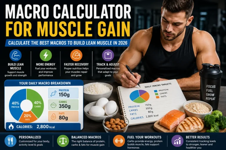 Macro Calculator for Muscle Gain showing personalized protein, carbs, fat, and calorie targets for lean bulking and muscle growth.