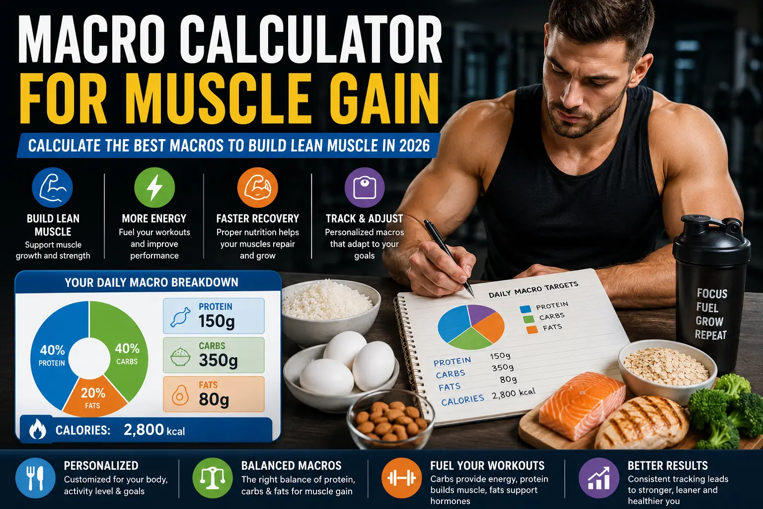 Macro Calculator for Muscle Gain showing personalized protein, carbs, fat, and calorie targets for lean bulking and muscle growth.