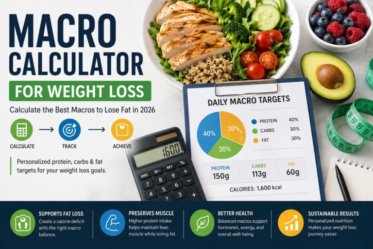 Macro calculator for weight loss showing daily calorie, protein, carbohydrate, and fat targets