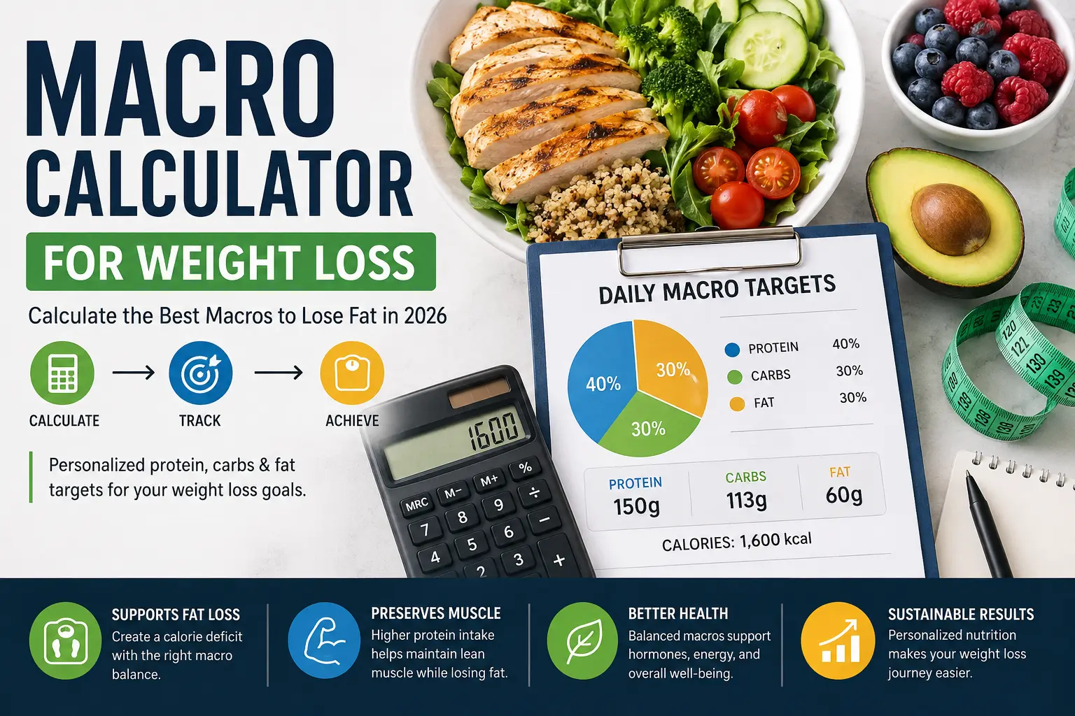 Macro calculator for weight loss showing daily calorie, protein, carbohydrate, and fat targets